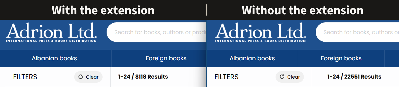 With the extension: 8,118 Adrion search results on the left. Without the extension: 22,551 results on the right.